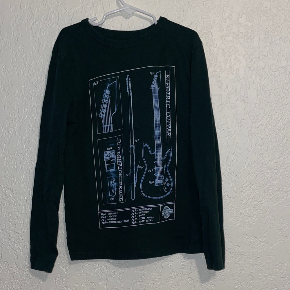 GAP Dark Green Long Sleeve Tee with Guitar Blueprint